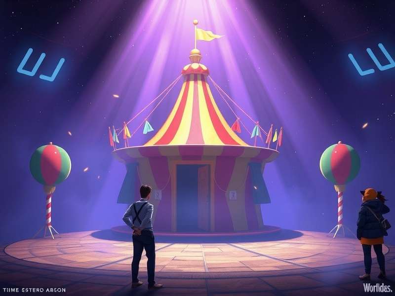 The dazzling main tent of the Digital Circus with neon lights and floating platforms