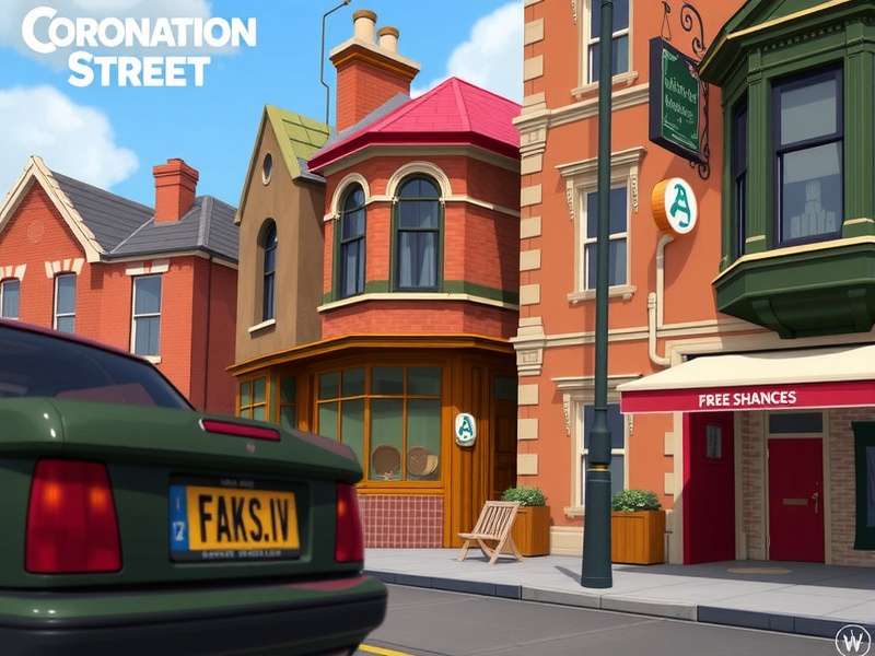 Black and white photo of the original Coronation Street set in 1960, showing the Rovers Return and the terraced houses.