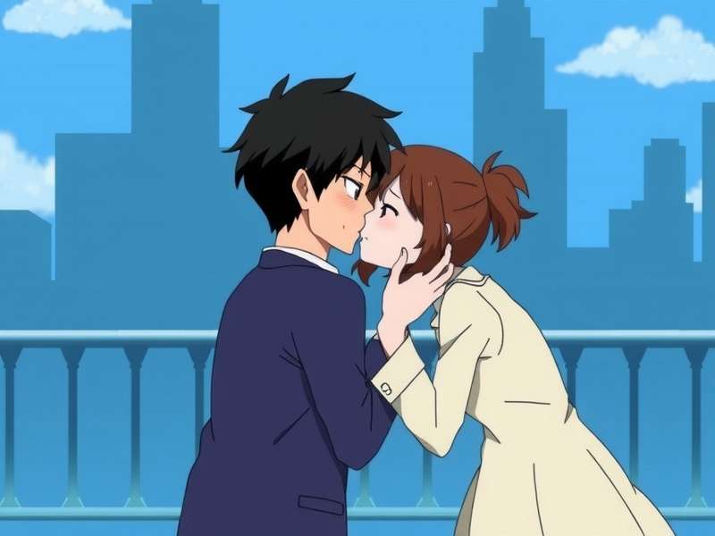 A person using a smartphone showing a romantic Episode story scene with two characters close together